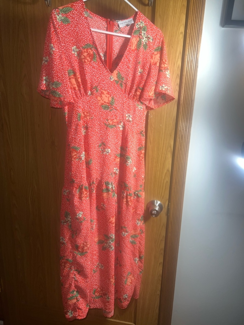 Never Fully Dressed Coral-Red Floral V-Neck Maxi Dress